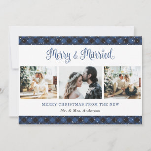 Blue Plaid Merry and Married Christmas Card