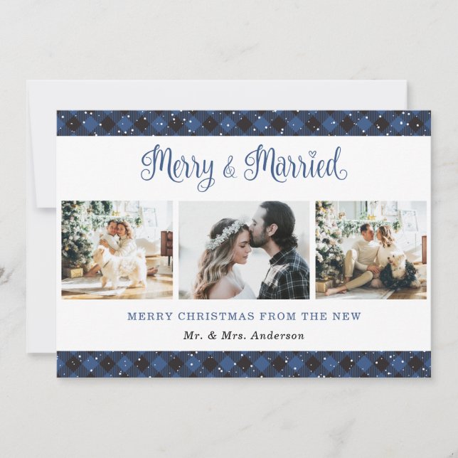 Blue Plaid Merry and Married Christmas Card (Front)
