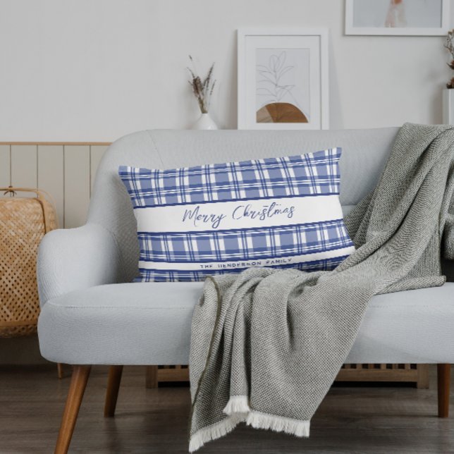 Blue Plaid Merry Christmas Lumbar Pillow (Creator Uploaded)