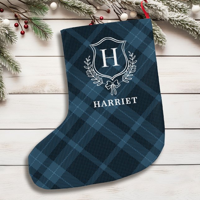 Blue Plaid Monogram Initial Tartan Large Christmas Stocking (Creator Uploaded)