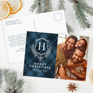 Blue Plaid Monogram Photo Christmas Holiday Postcard
