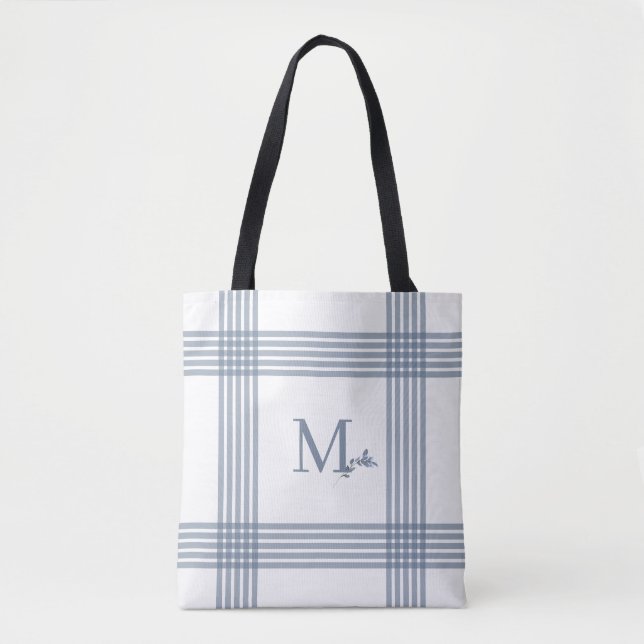 Blue Plaid Monogram Tote Bag (Front)