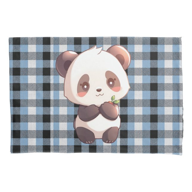 Blue Plaid Panda Pillowcase (Front)