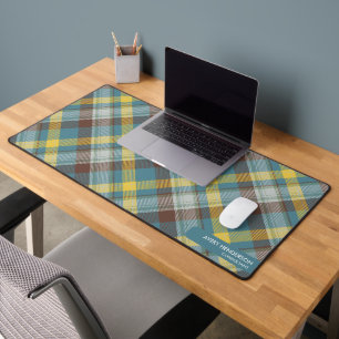 Blue Plaid Pattern Custom Name Monogram Text  Desk Mat