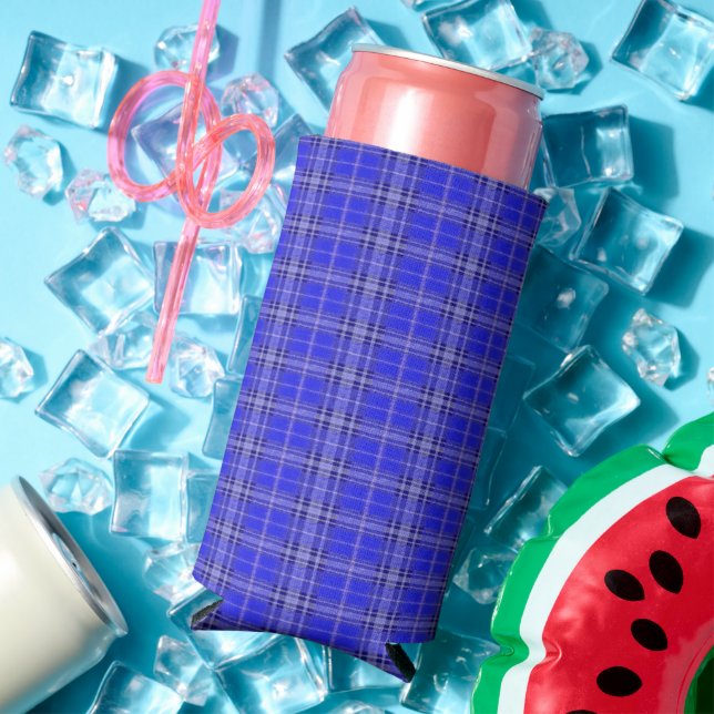 Blue plaid pattern seltzer can cooler (In Situ Summer)