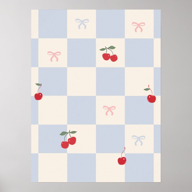 Blue plaid pattern with cherries poster (Front)
