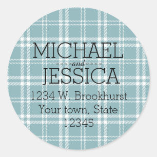 Blue Plaid Personalized name and address Classic Round Sticker