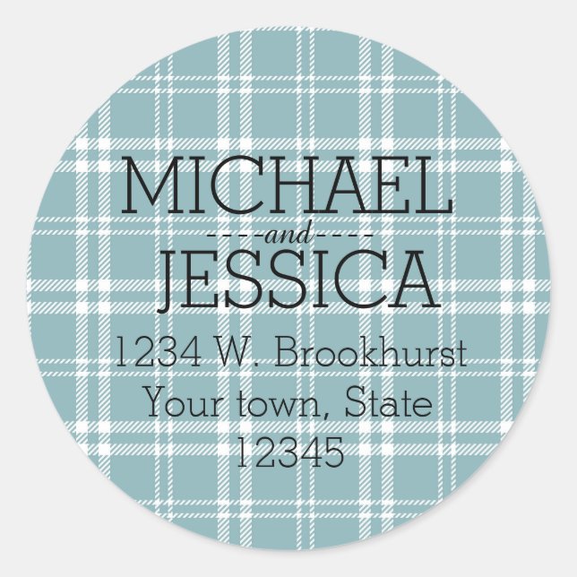 Blue Plaid Personalized name and address Classic Round Sticker (Front)