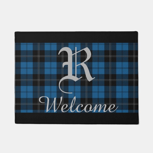 Blue Plaid Personalized Name Doormat (Front)