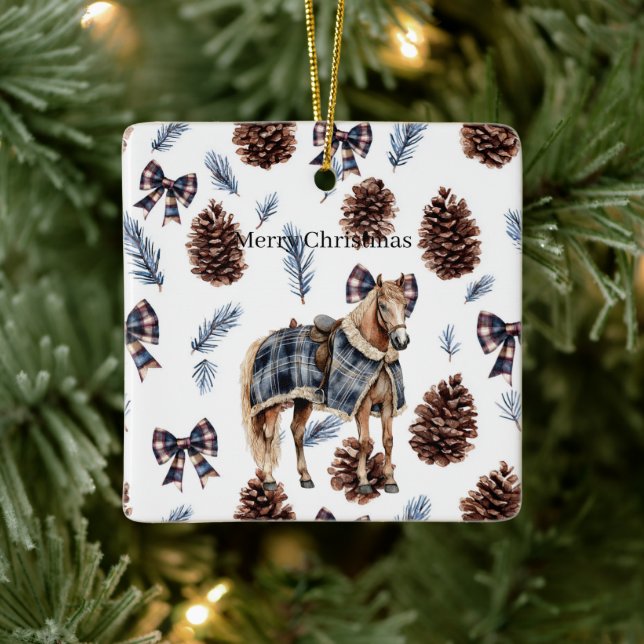 Blue Plaid Pine Cones Bows Horse Christmas Ceramic Ornament (Tree)