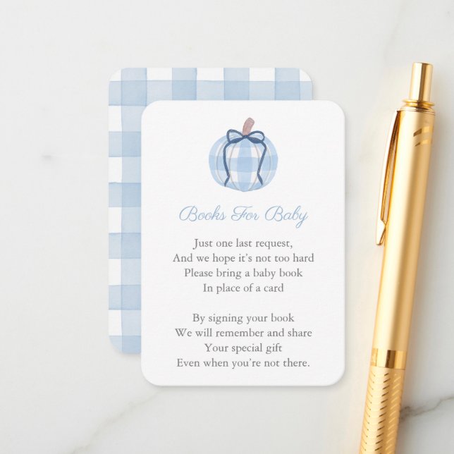 Blue Plaid Pumpkin Bring A Book Baby Shower Enclosure Card (Front/Back In Situ)