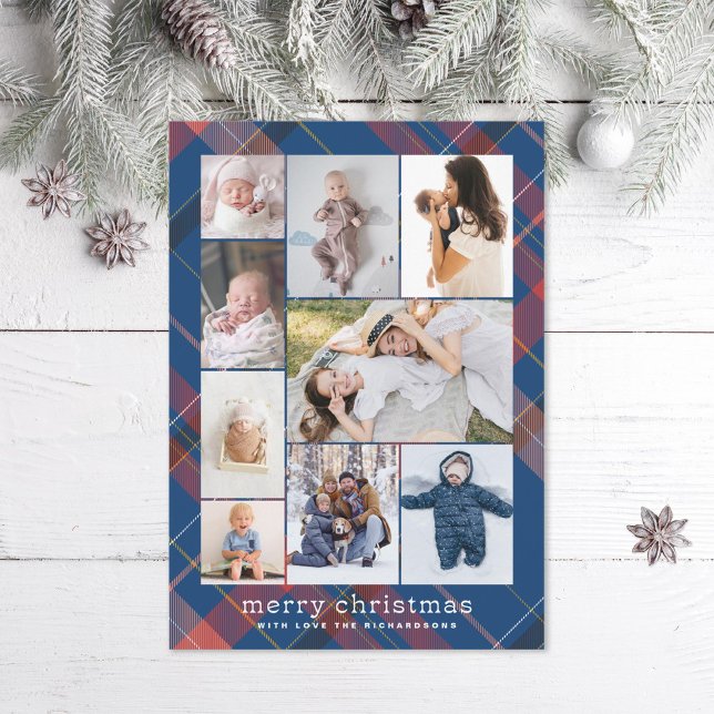 Blue Plaid Retro Merry Christmas Collage Photo Holiday Card (Creator Uploaded)