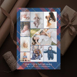 Blue Plaid Retro Merry Christmas Collage Photo Holiday Card<br><div class="desc">9 photo areas in various orientations with retro inspired plaid background,  retro  style "merry christmas" greeting; Add a message to the back or more photos if desired.</div>