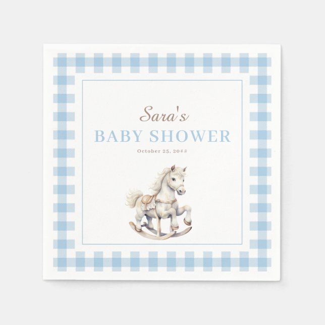 Blue Plaid Rocking Horse Baby Shower  Napkin (Front)