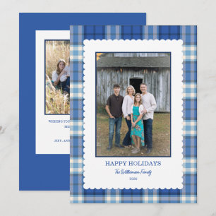 Blue Plaid Scallop Frame Photo Christmas  Holiday Card