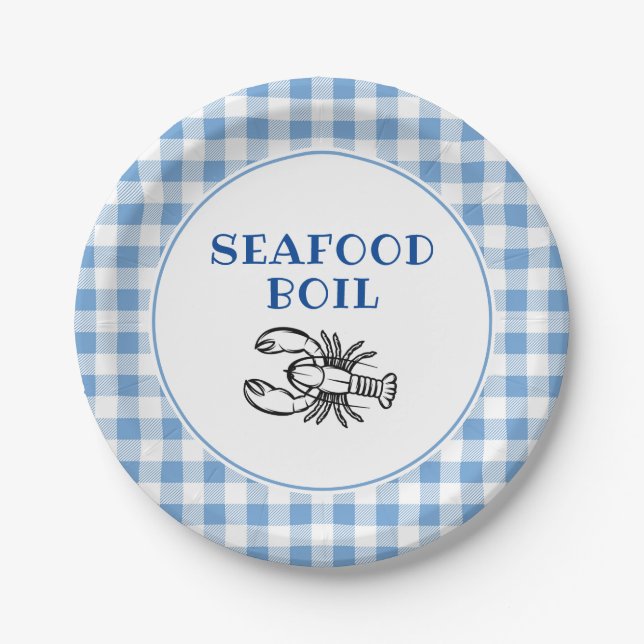 Blue Plaid Seafood Boil Party Paper Plate (Front)