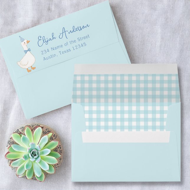 Blue Plaid Silly Goose Kids Party Return Address Envelope (Creator Uploaded)