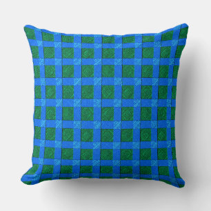 Blue plaid similar to canvas strips on green rug throw pillow
