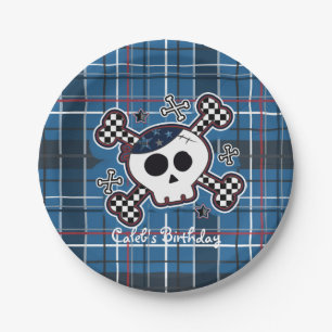 Blue Plaid Skull & Bones Birthday Party Plates