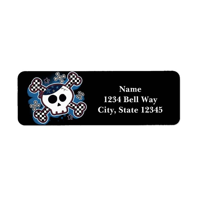 Blue Plaid Skull & Bones Cute Party Address Label (Front)
