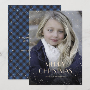 Blue Plaid Snow Sparkle Photo Christmas Cards