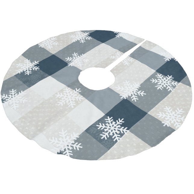 Blue Plaid Snowflake Christmas Holiday Cream Heart Brushed Polyester Tree Skirt (Angled)