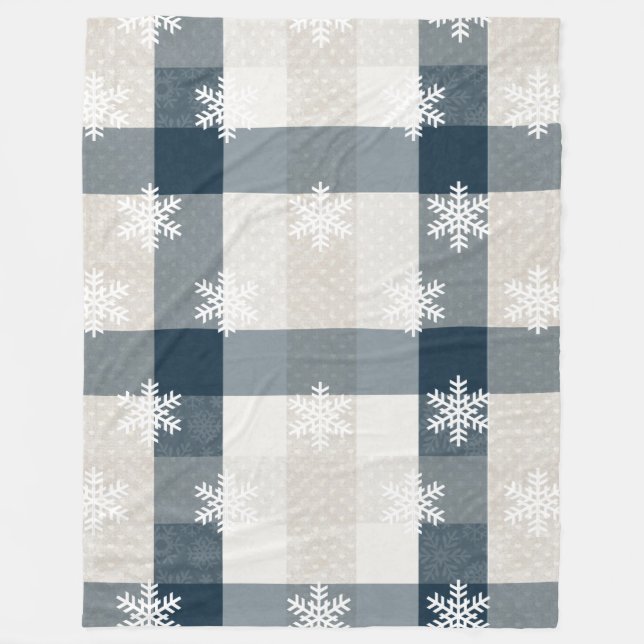 Blue Plaid Snowflake Christmas Holiday  Fleece Blanket (Front)