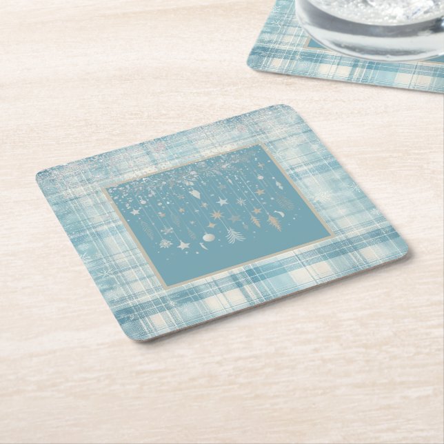 Blue Plaid Square Paper Coaster (Angled)