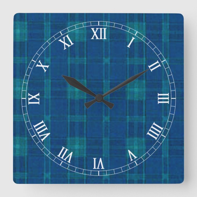 Blue Plaid Square Roman Numerals Clock (Front)