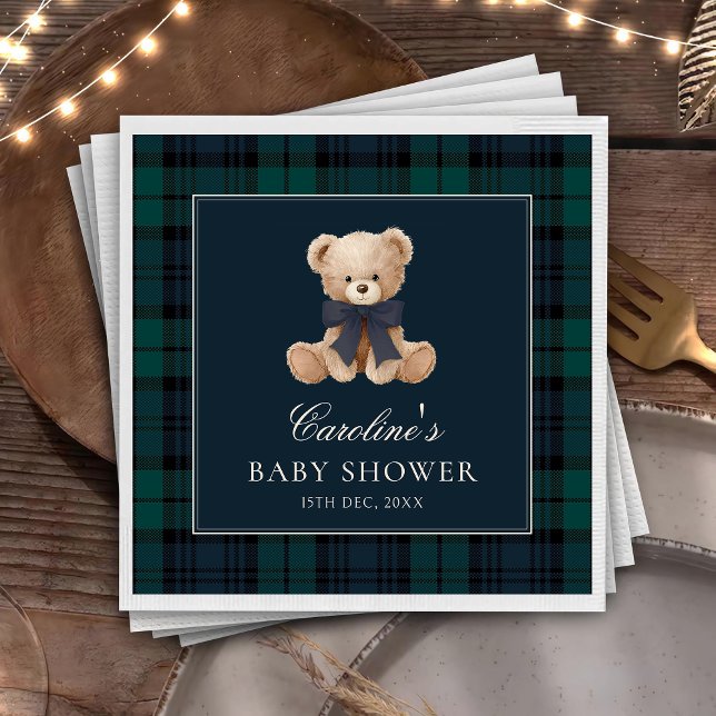 Blue Plaid Teddy Bear Baby Shower Napkins (Creator Uploaded)