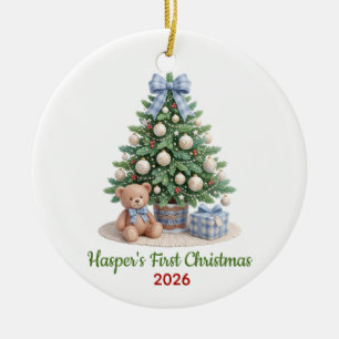 Blue Plaid Teddy Bear Monogram Baby Ornament