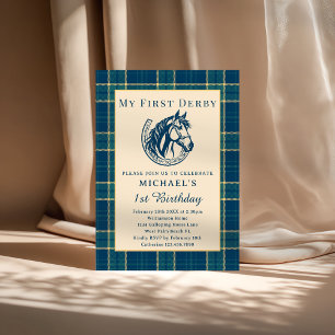 Blue Plaid Vintage First Derby Boy 1st Birthday Invitation