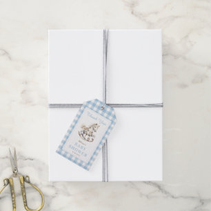 Blue Plaid Watercolor Rocking Horse Baby Shower Gift Tags