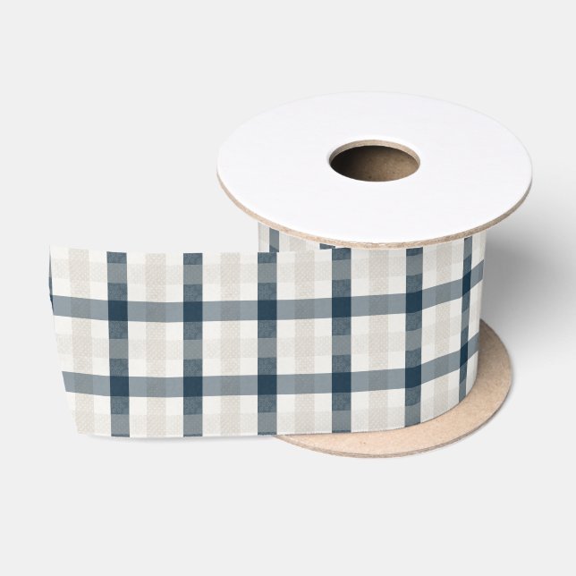Blue Plaid Winter Holiday Christmas Heart Beige Satin Ribbon (Spool)