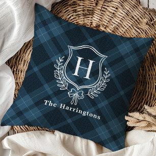 Blue Plaid Winter Monogram Crest Initial Throw Pillow