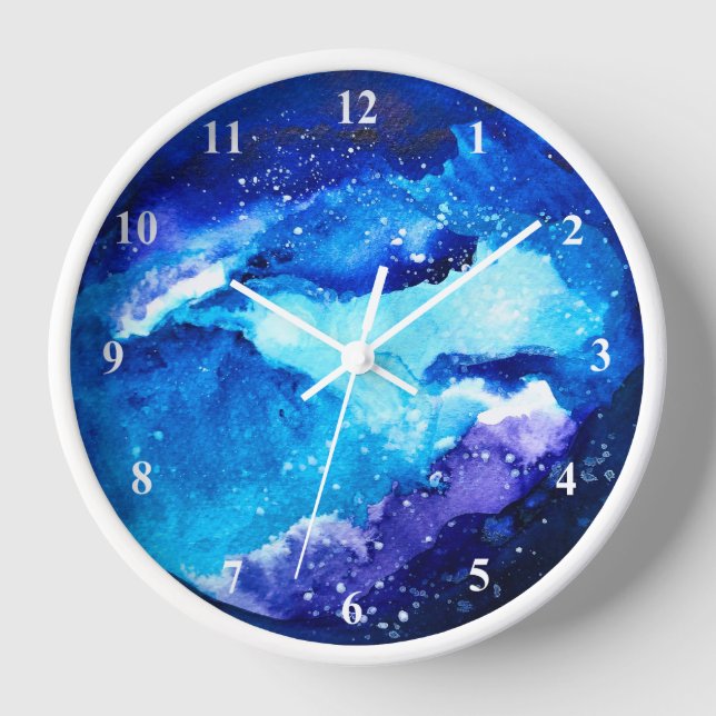 Blue planet nebula galaxy watercolor clock (Front)