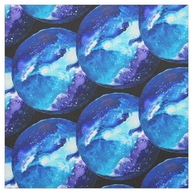 Blue planet nebula galaxy watercolor fabric (Swatch)