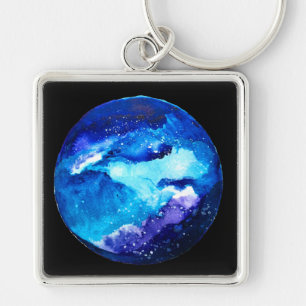 Blue planet nebula galaxy watercolor keychain