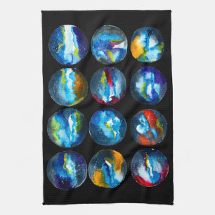 Blue planet nebula galaxy watercolor kitchen towel