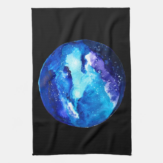 Blue planet nebula galaxy watercolor kitchen towel (Vertical)