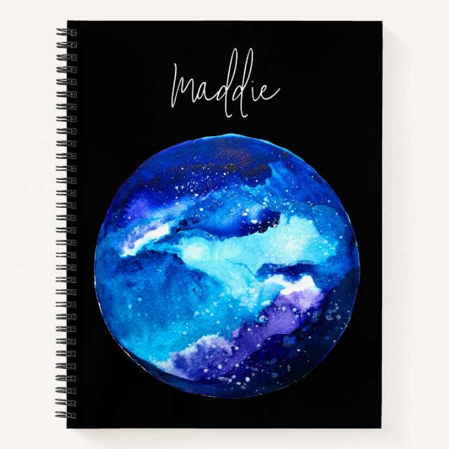Blue planet nebula galaxy watercolor notebook (Front)
