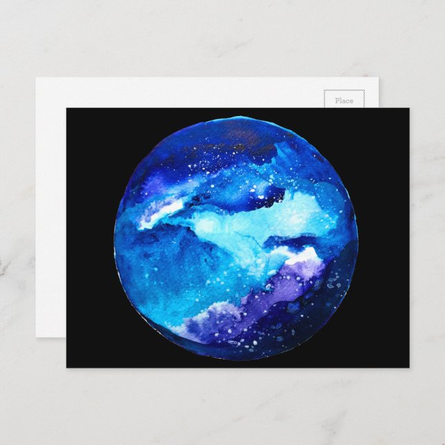 Blue planet nebula galaxy watercolor postcard (Front/Back)