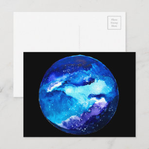 Blue planet nebula galaxy watercolor postcard