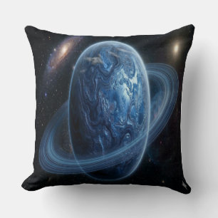 Blue Planet with Blue Rings Throw Pillow