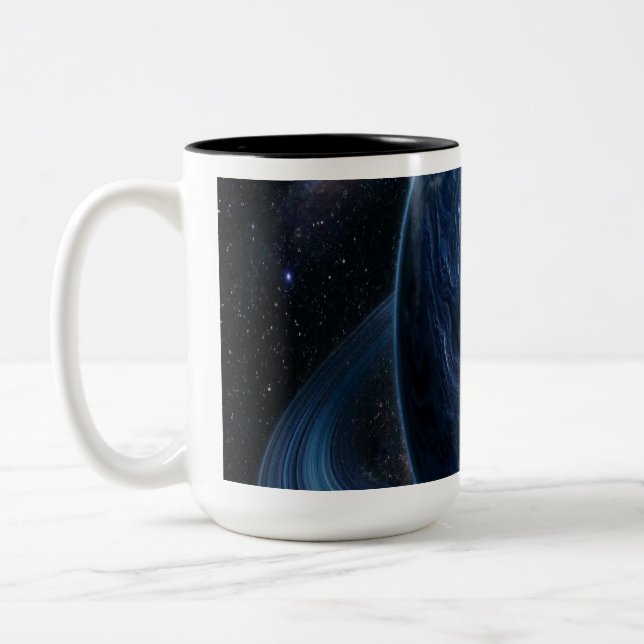 Blue Planet with Blue Rings Two-Tone Coffee Mug (Left)