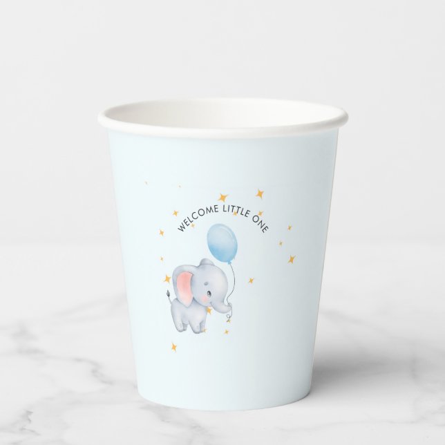 Blue Playful Elephants Baby Shower Paper Cups (Back)