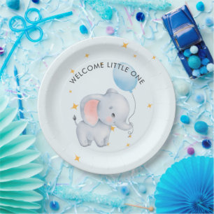 Blue Playful Elephants Baby Shower Paper Plate