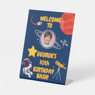 Blue Playful Outer Space Rocket Kids Party Welcome Pedestal Sign