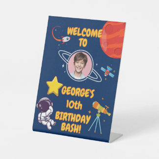 Blue Playful Outer Space Rocket Kids Party Welcome Pedestal Sign