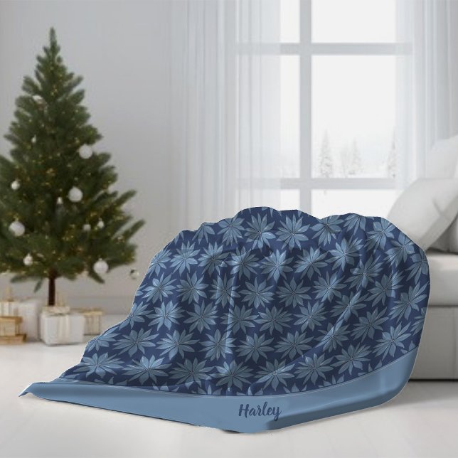 Blue Poinsettia Add Name Classic Whimsy Christmas Fleece Blanket (Creator Uploaded)